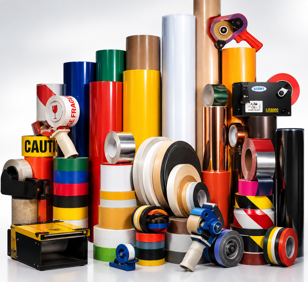 Industrial tapes, films, labels and dispensing products